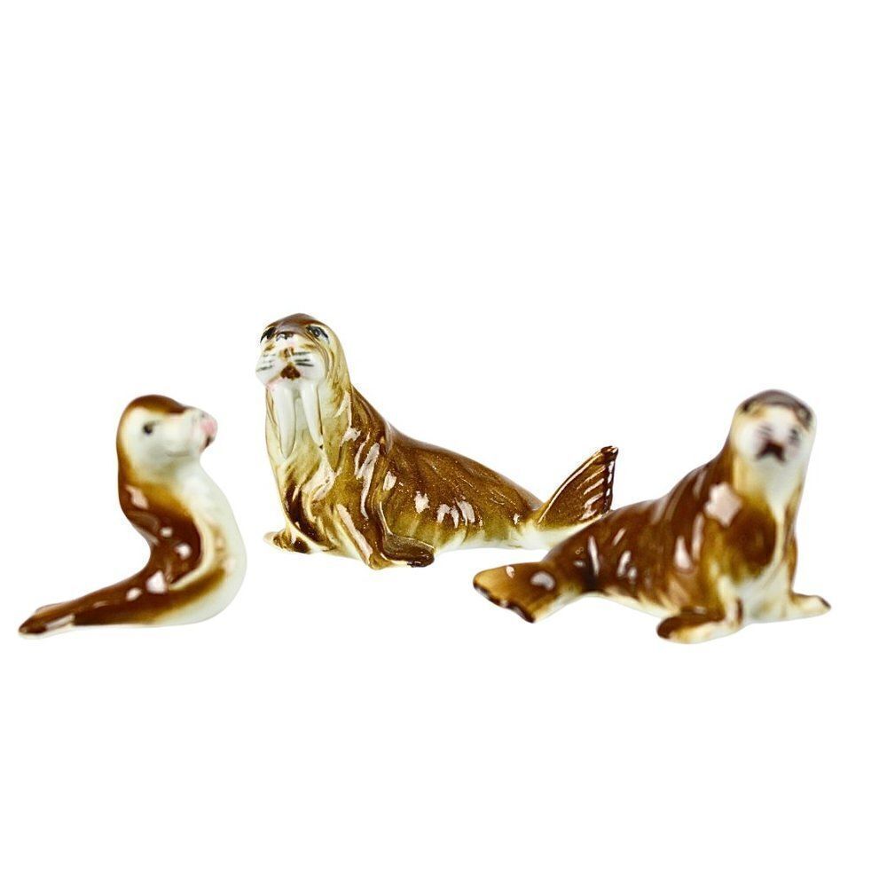 Sealion Family Ceramic Set of 3 Miniature Seals Cottagecore Kitsch Collectables